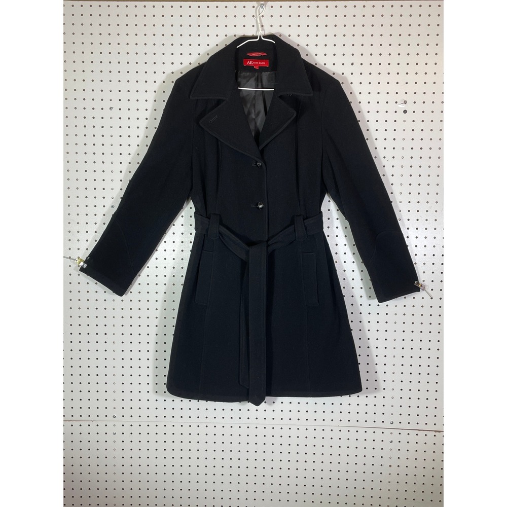 Anne Klein Womens Black Belted Wool Blend Trench Coat XL Zipper Cuffs